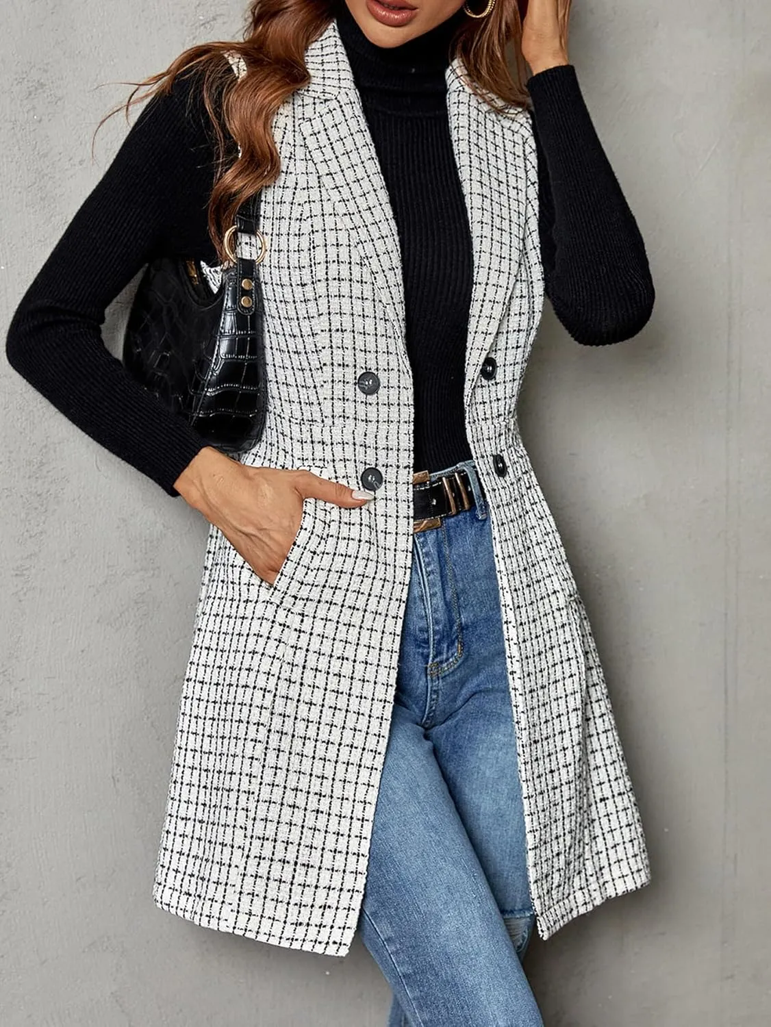 GORGLITTER Women's Plaid Sleeveless Long Vest Cardigan Business Casual Work Fall Blazers Outfits For Women 2024