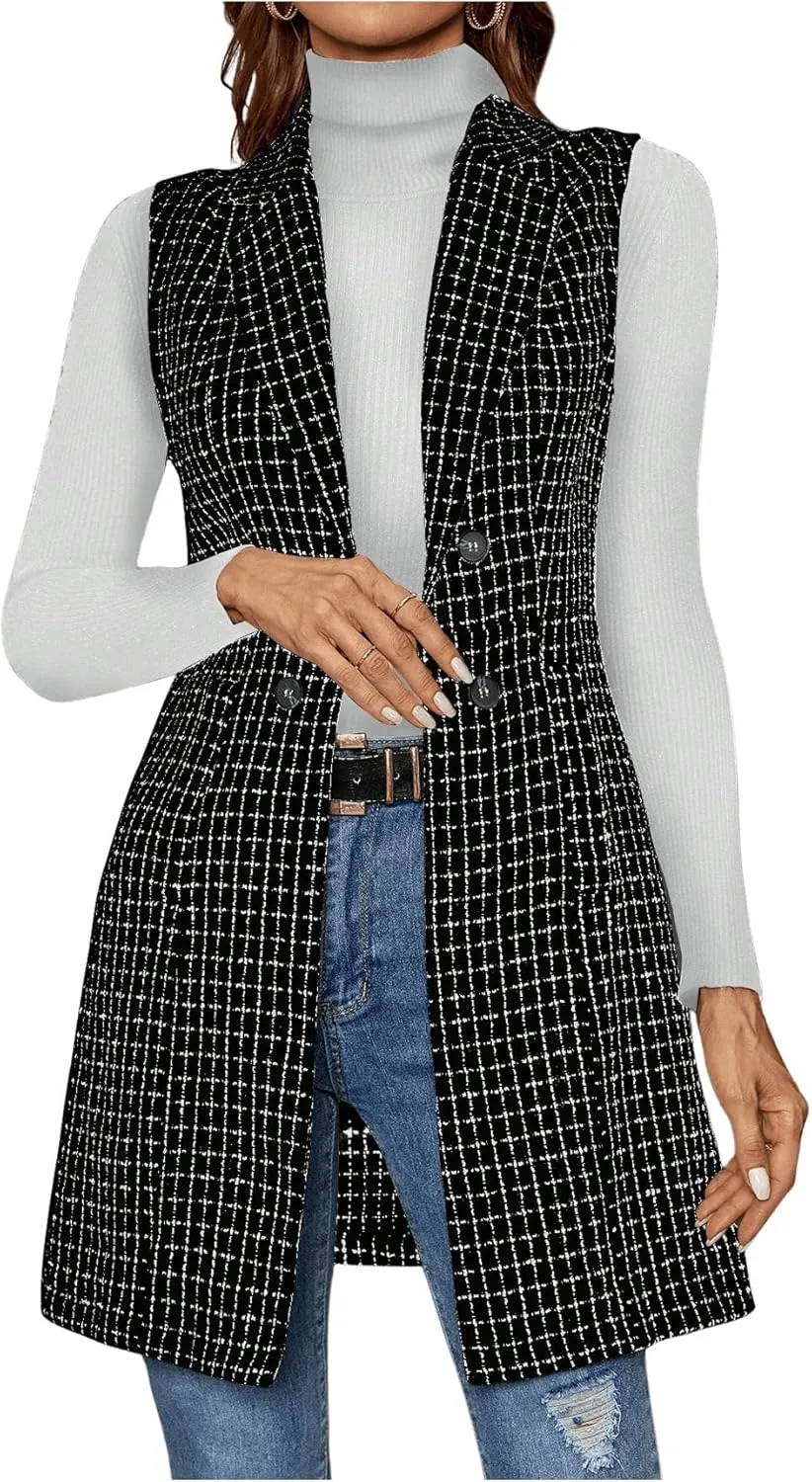 GORGLITTER Women's Plaid Sleeveless Long Vest Cardigan Business Casual Work Fall Blazers Outfits For Women 2024