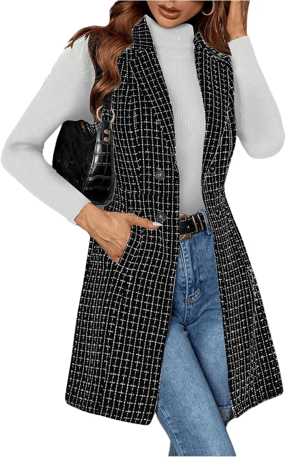 GORGLITTER Women's Plaid Sleeveless Long Vest Cardigan Business Casual Work Fall Blazers Outfits For Women 2024