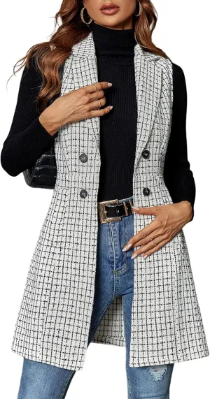 GORGLITTER Women's Plaid Sleeveless Long Vest Cardigan Business Casual Work Fall Blazers Outfits For Women 2024