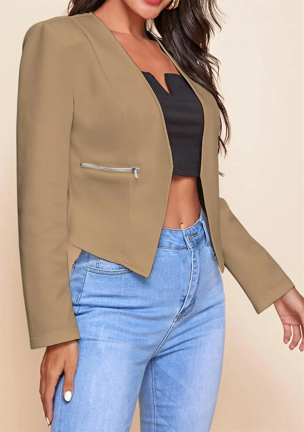 GORIFE Women's Fall Long Sleeve Blazer Open Front Office Cardigan with Zipper Pockets Comfy Top