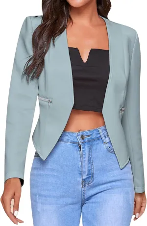GORIFE Women's Fall Long Sleeve Blazer Open Front Office Cardigan with Zipper Pockets Comfy Top