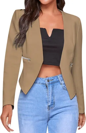 GORIFE Women's Fall Long Sleeve Blazer Open Front Office Cardigan with Zipper Pockets Comfy Top