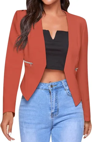 GORIFE Women's Fall Long Sleeve Blazer Open Front Office Cardigan with Zipper Pockets Comfy Top