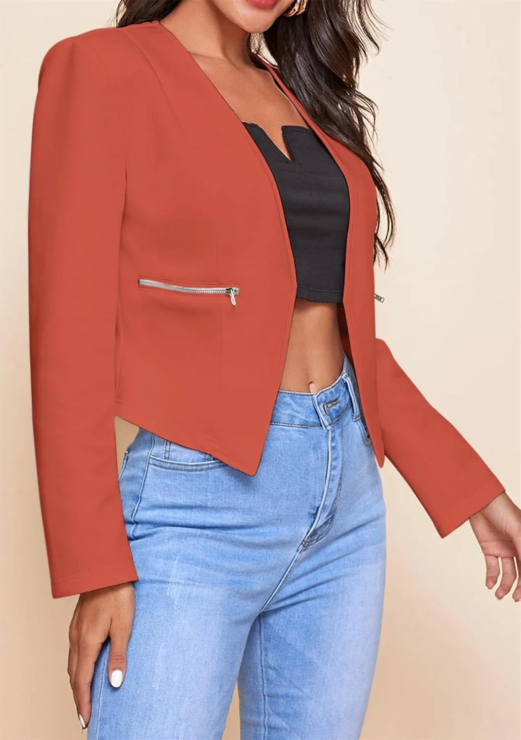 GORIFE Women's Fall Long Sleeve Blazer Open Front Office Cardigan with Zipper Pockets Comfy Top