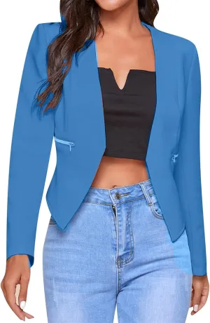 GORIFE Women's Fall Long Sleeve Blazer Open Front Office Cardigan with Zipper Pockets Comfy Top