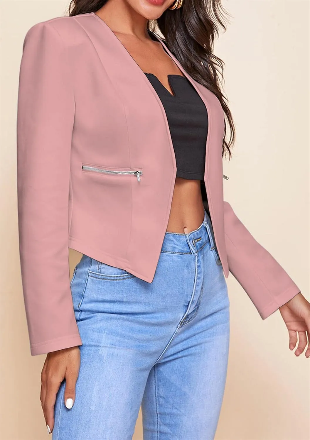 GORIFE Women's Fall Long Sleeve Blazer Open Front Office Cardigan with Zipper Pockets Comfy Top