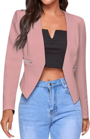 GORIFE Women's Fall Long Sleeve Blazer Open Front Office Cardigan with Zipper Pockets Comfy Top