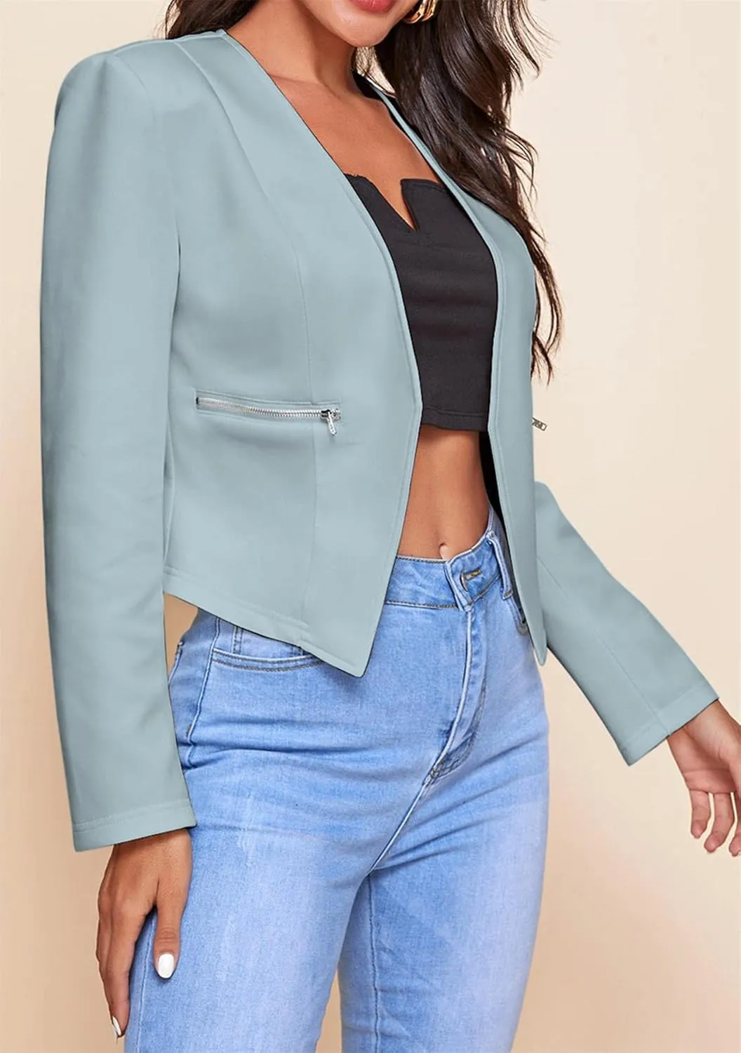 GORIFE Women's Fall Long Sleeve Blazer Open Front Office Cardigan with Zipper Pockets Comfy Top