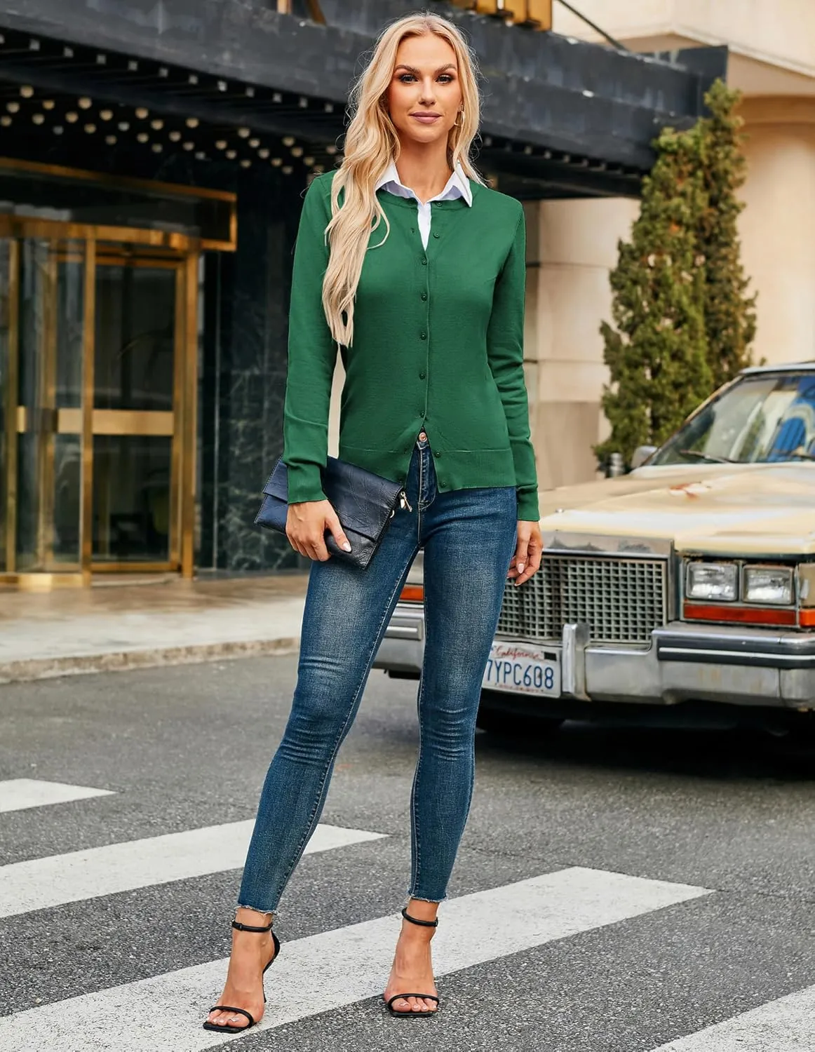 GRACE KARIN Women's Long Sleeve Button Down Crew Neck Classic Sweater Knit Cardigan