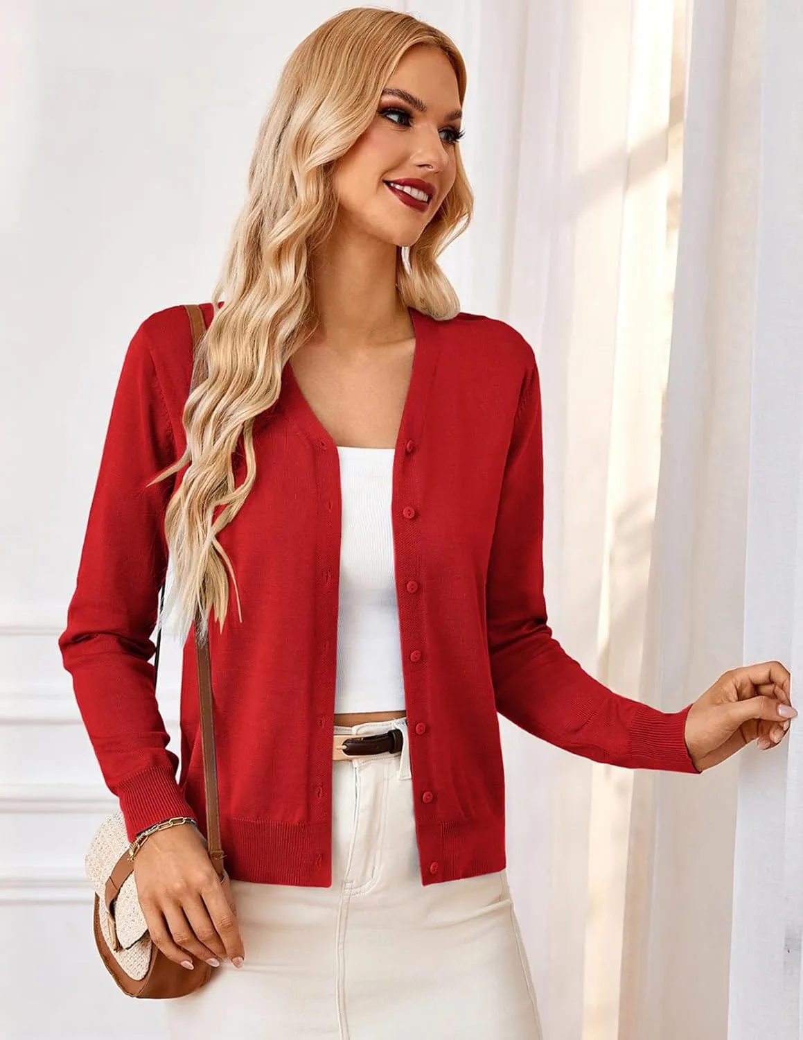 GRACE KARIN Women's Long Sleeve Button Down Vee Neck Classic Sweater Knit Cardigan