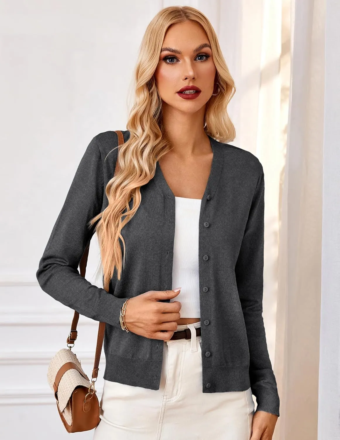 GRACE KARIN Women's Long Sleeve Button Down Vee Neck Classic Sweater Knit Cardigan
