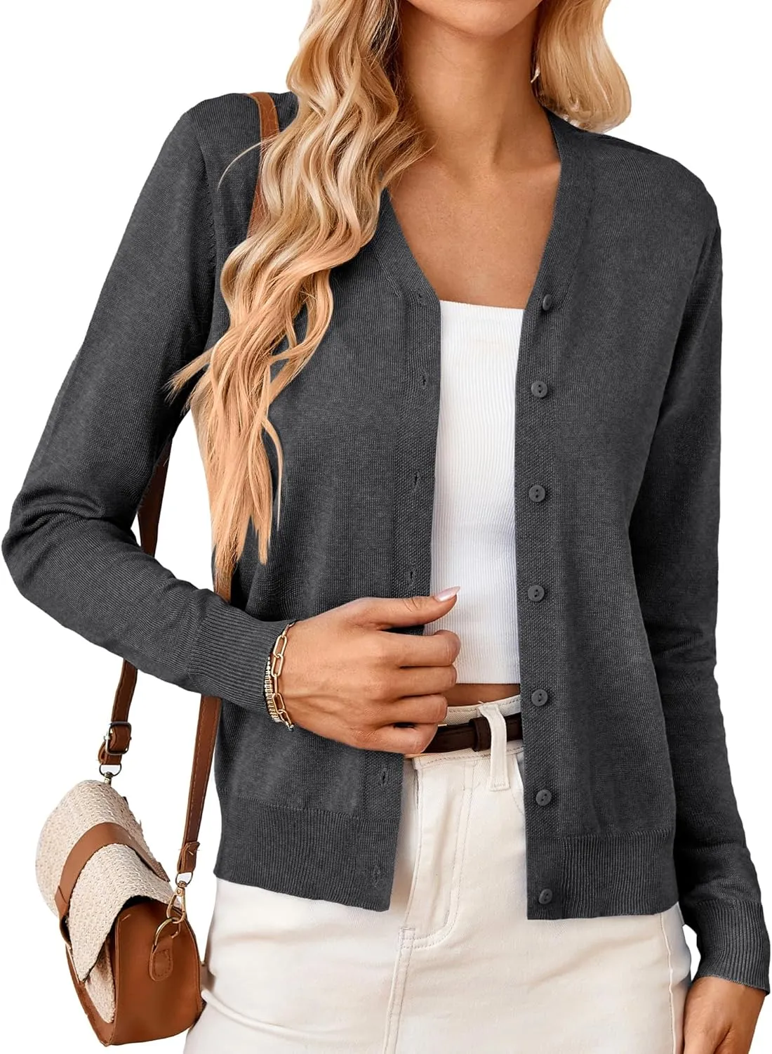 GRACE KARIN Women's Long Sleeve Button Down Vee Neck Classic Sweater Knit Cardigan