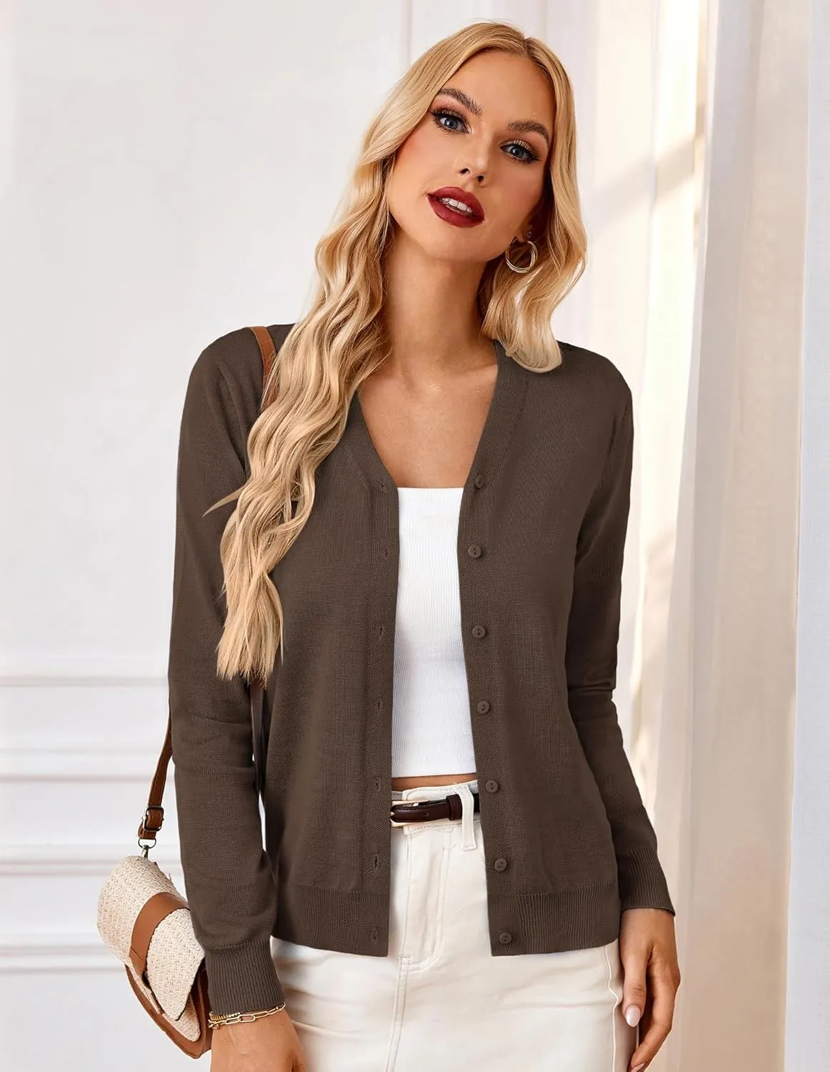 GRACE KARIN Women's Long Sleeve Button Down Vee Neck Classic Sweater Knit Cardigan