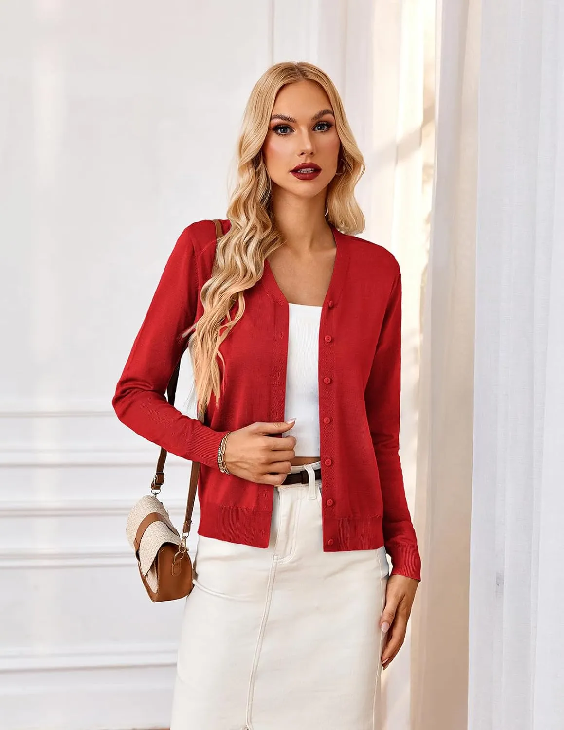 GRACE KARIN Women's Long Sleeve Button Down Vee Neck Classic Sweater Knit Cardigan
