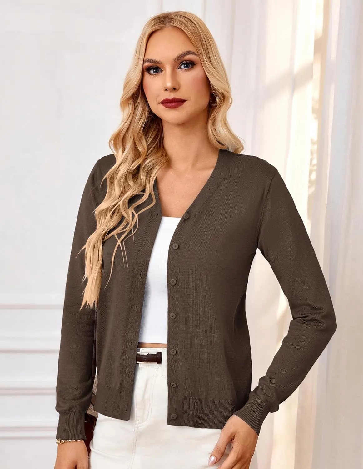 GRACE KARIN Women's Long Sleeve Button Down Vee Neck Classic Sweater Knit Cardigan