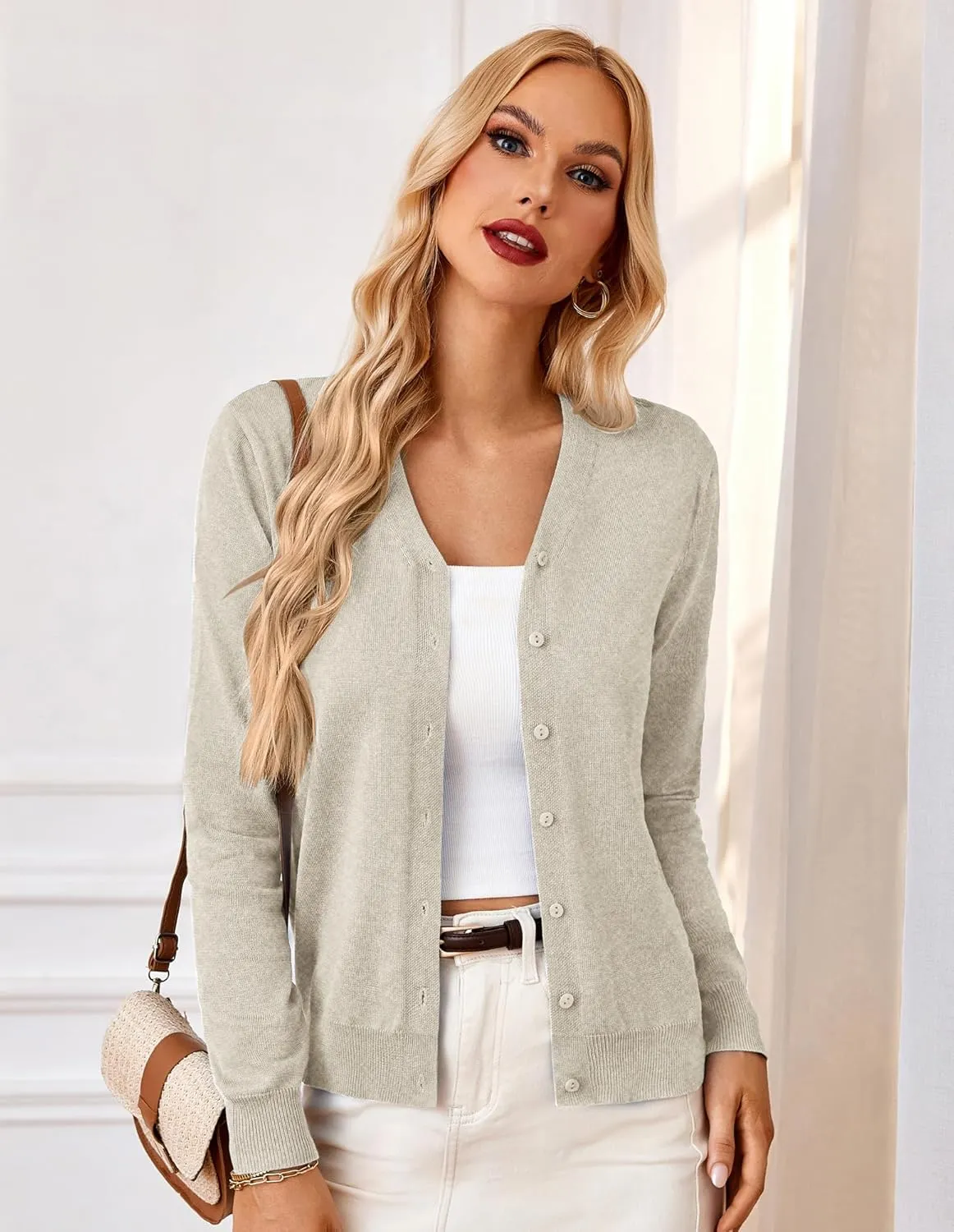 GRACE KARIN Women's Long Sleeve Button Down Vee Neck Classic Sweater Knit Cardigan