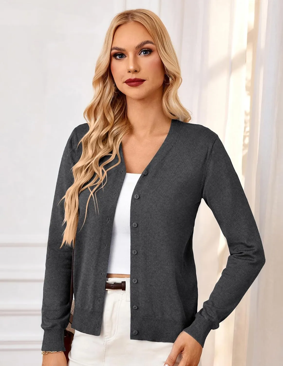 GRACE KARIN Women's Long Sleeve Button Down Vee Neck Classic Sweater Knit Cardigan