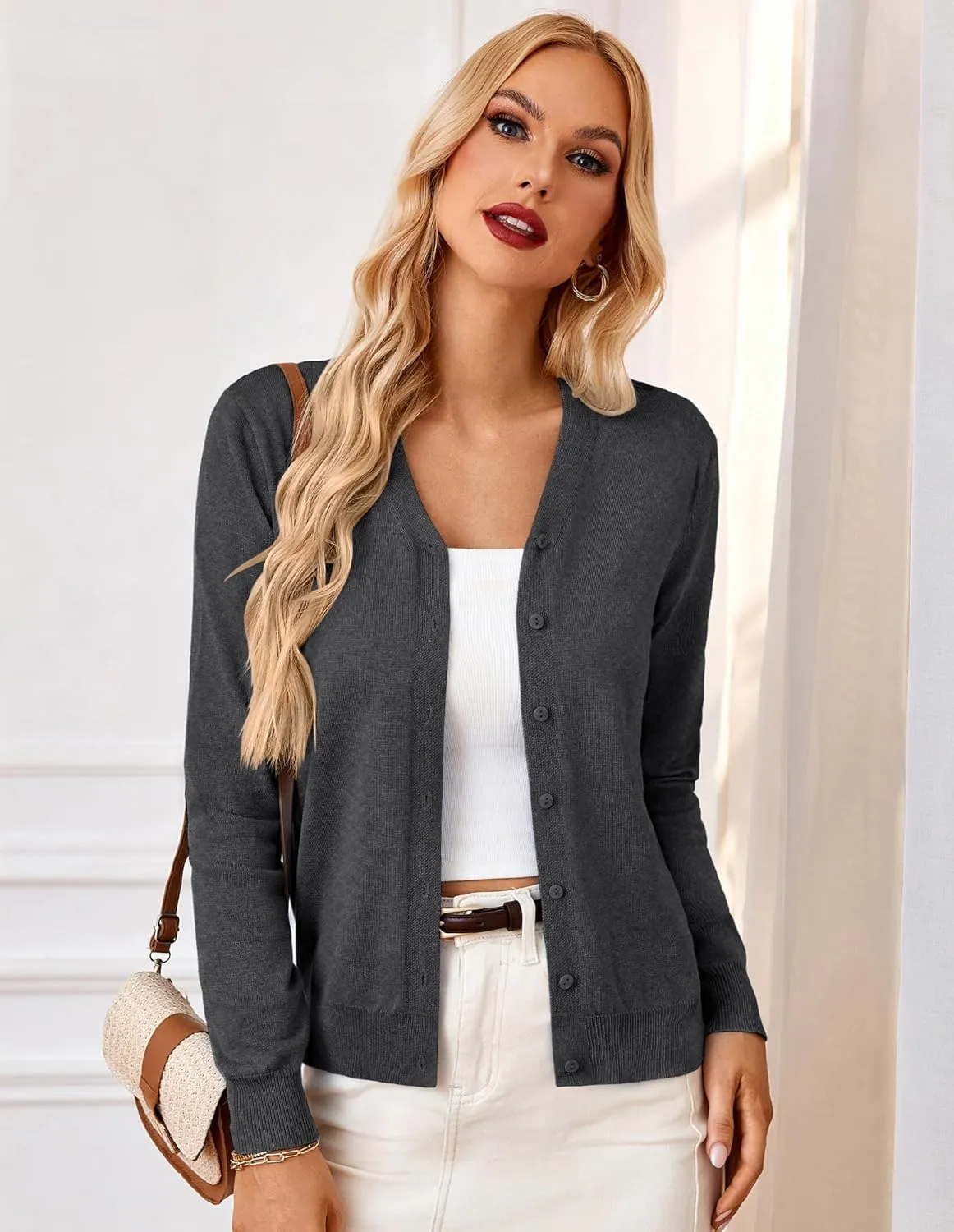 GRACE KARIN Women's Long Sleeve Button Down Vee Neck Classic Sweater Knit Cardigan