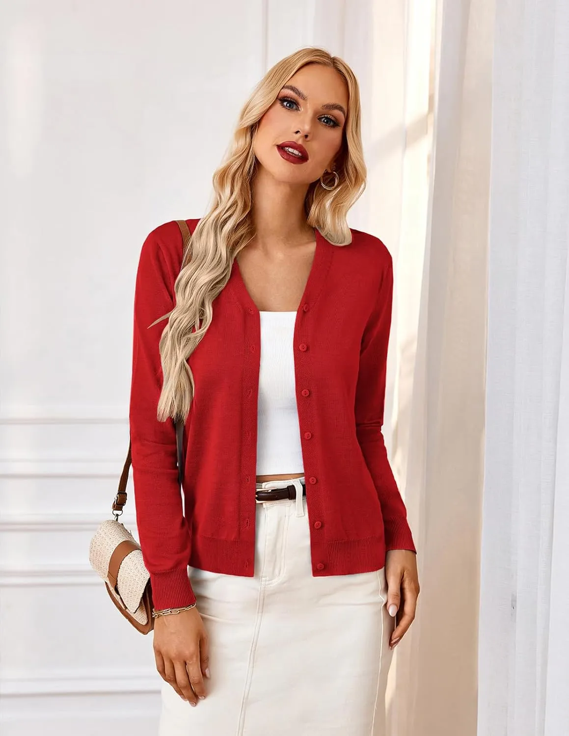 GRACE KARIN Women's Long Sleeve Button Down Vee Neck Classic Sweater Knit Cardigan