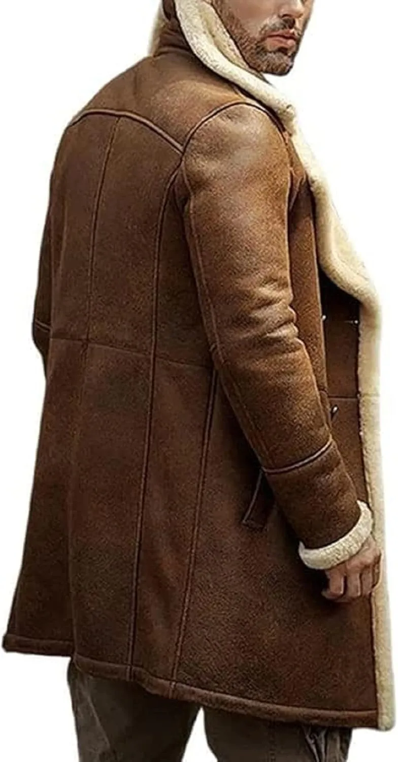 hearling Brown Leather Coat Genuine Sheepskin with Artificial Fur B3