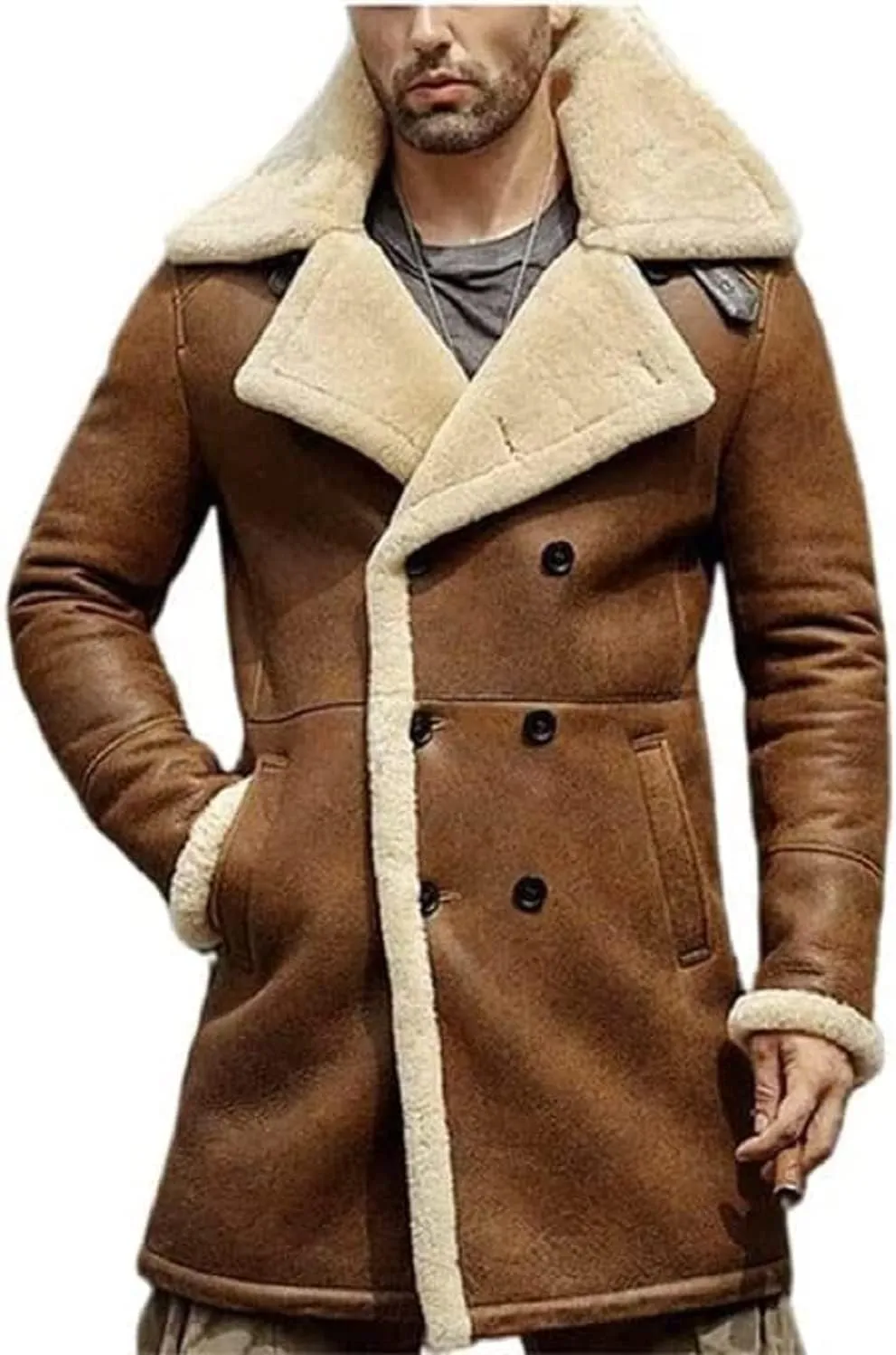hearling Brown Leather Coat Genuine Sheepskin with Artificial Fur B3