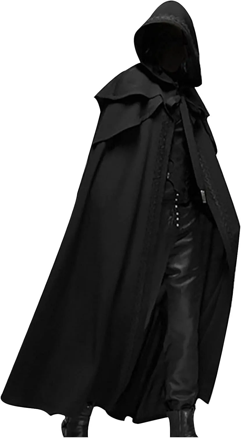 hhaappyy Men's Halloween Hooded Robe Cloak Full Length Cape Knight Fancy Cool Cosplay Costume Retro Gothic Hooded Cloak Capes, Black, XX-Large