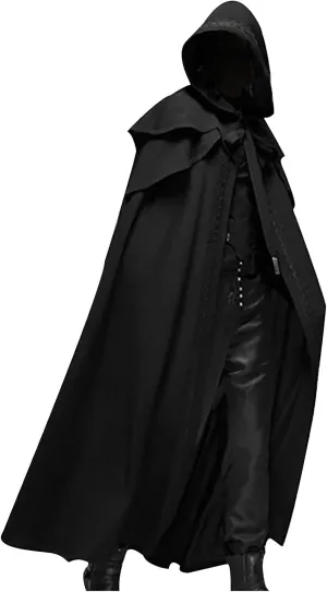 hhaappyy Men's Halloween Hooded Robe Cloak Full Length Cape Knight Fancy Cool Cosplay Costume Retro Gothic Hooded Cloak Capes, Black, XX-Large