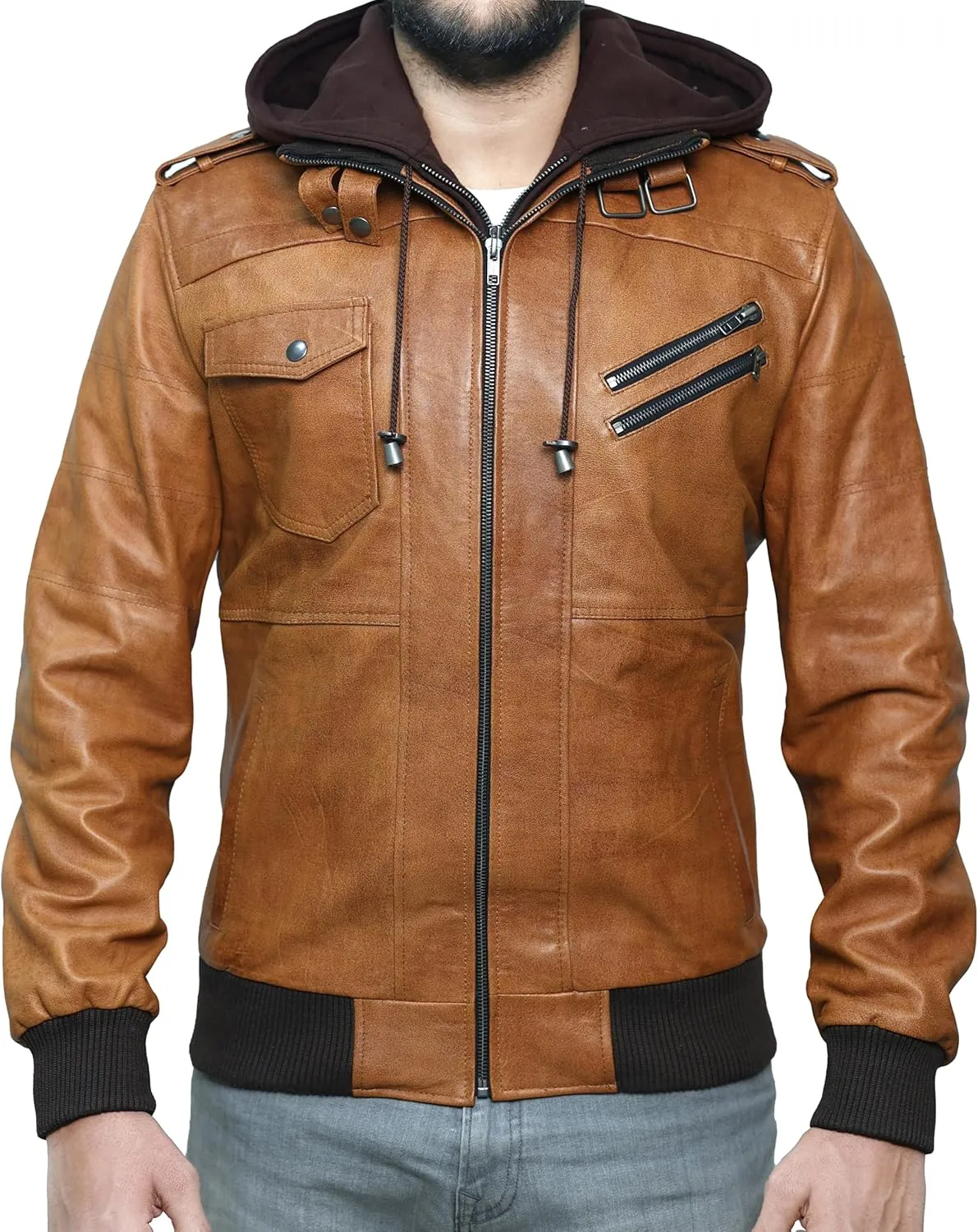 Hooded Leather Motorcycle Jacket Men - Bomber Leather Jackets For Men with Removable Hood