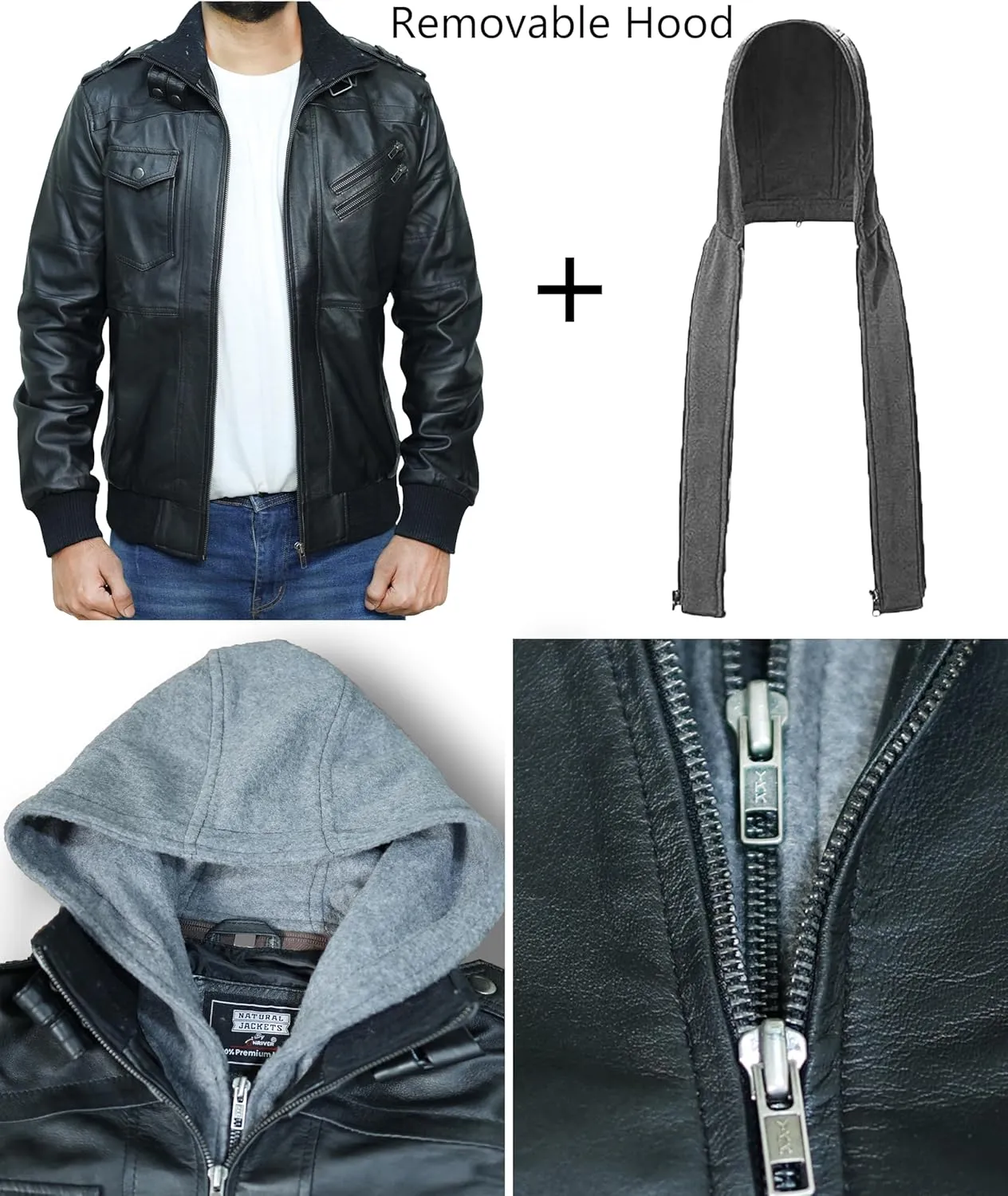 Hooded Leather Motorcycle Jacket Men - Bomber Leather Jackets For Men with Removable Hood