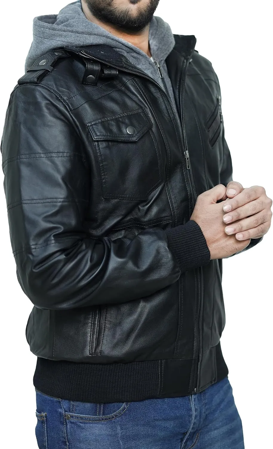 Hooded Leather Motorcycle Jacket Men - Bomber Leather Jackets For Men with Removable Hood