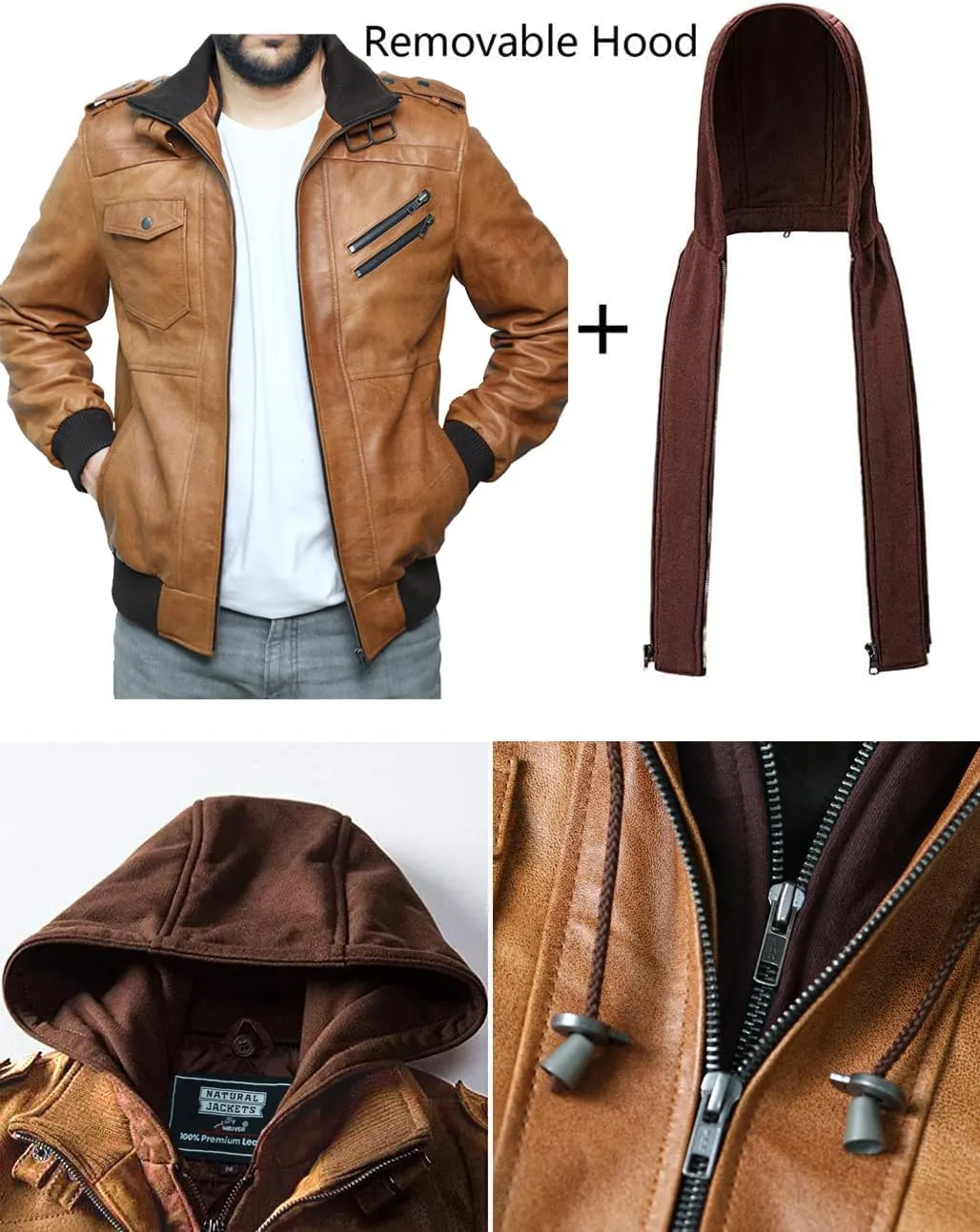 Hooded Leather Motorcycle Jacket Men - Bomber Leather Jackets For Men with Removable Hood