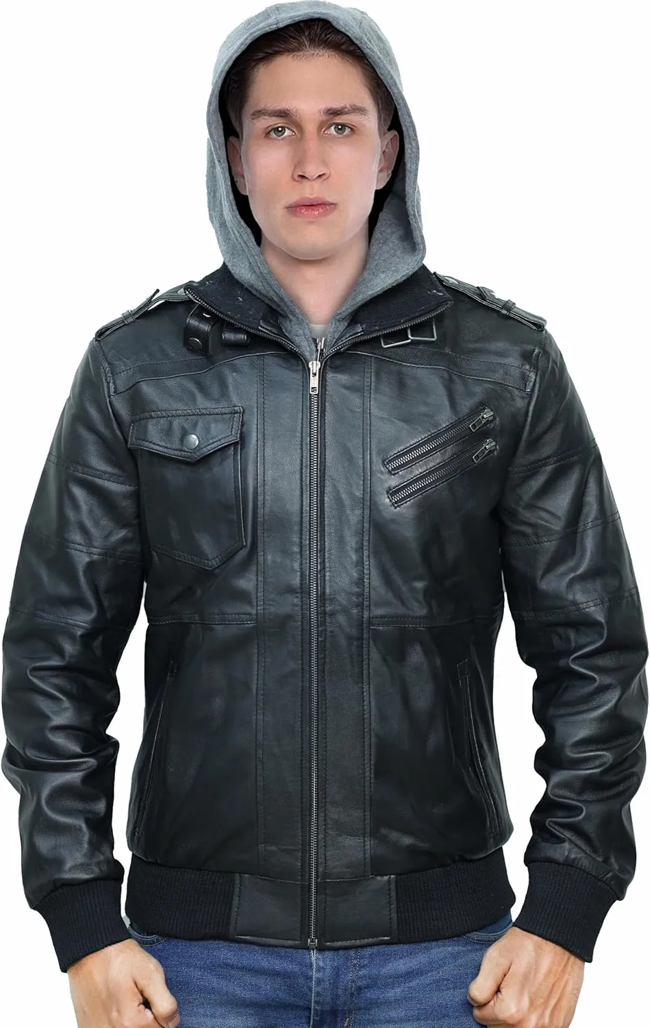 Hooded Leather Motorcycle Jacket Men - Bomber Leather Jackets For Men with Removable Hood
