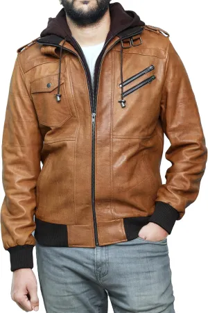 Hooded Leather Motorcycle Jacket Men - Bomber Leather Jackets For Men with Removable Hood