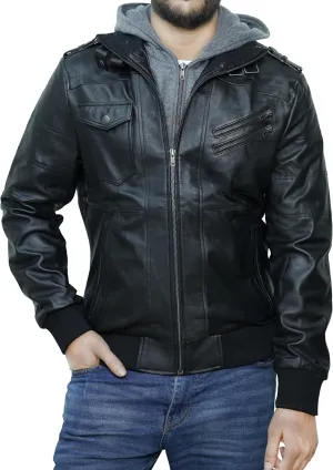 Hooded Leather Motorcycle Jacket Men - Bomber Leather Jackets For Men with Removable Hood