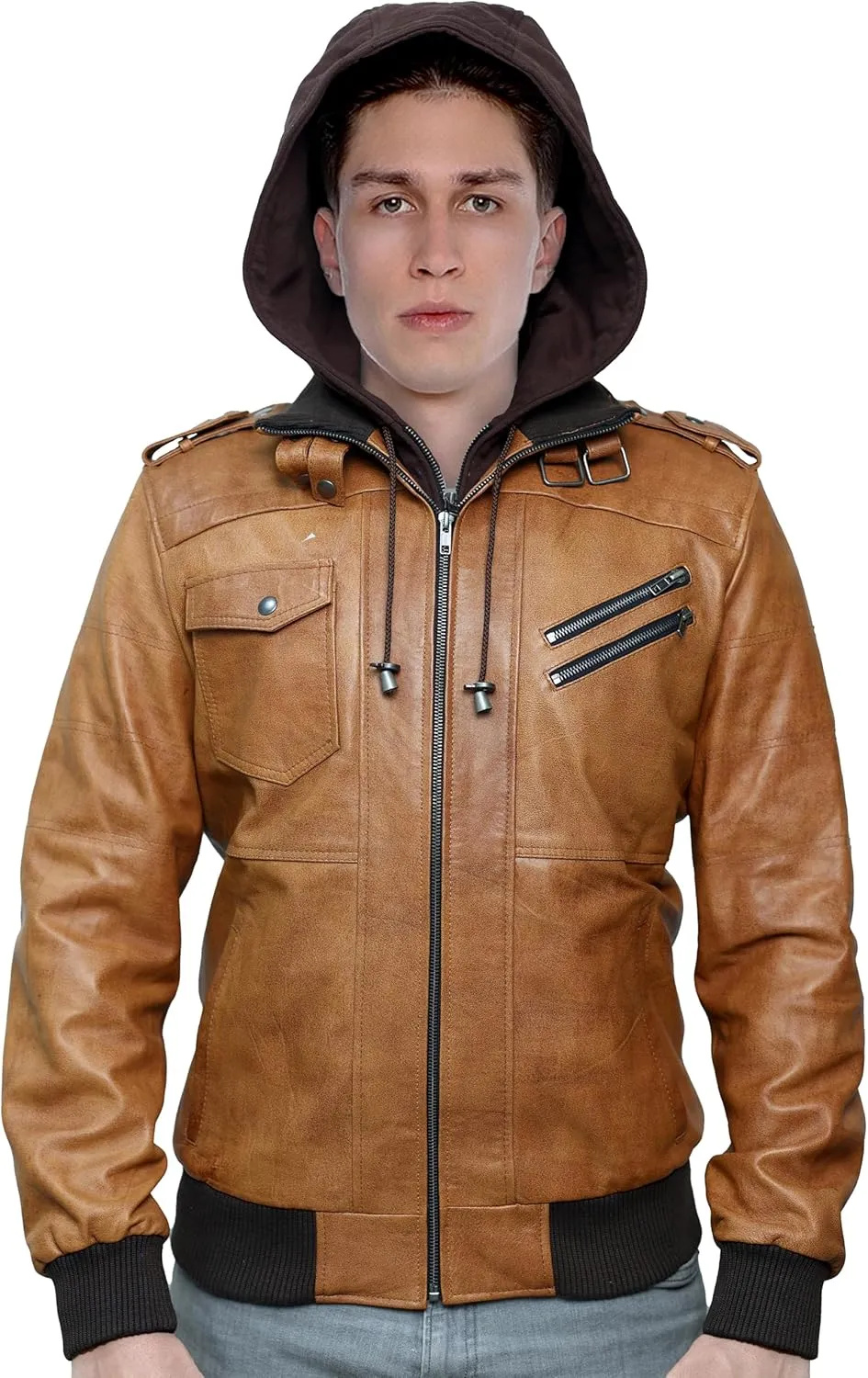 Hooded Leather Motorcycle Jacket Men - Bomber Leather Jackets For Men with Removable Hood