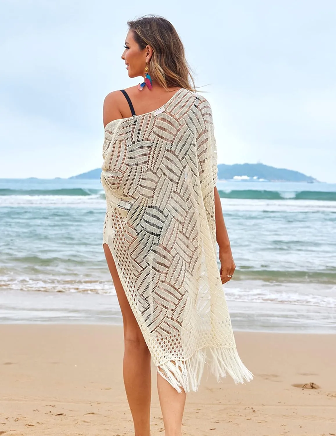 HOTOUCH Womens Knit Cardigan Open Front Outwear Hollow Out Crochet Tassel Lightweight Kimonos Sweater S-XXL