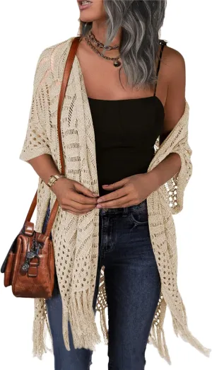 HOTOUCH Womens Knit Cardigan Open Front Outwear Hollow Out Crochet Tassel Lightweight Kimonos Sweater S-XXL