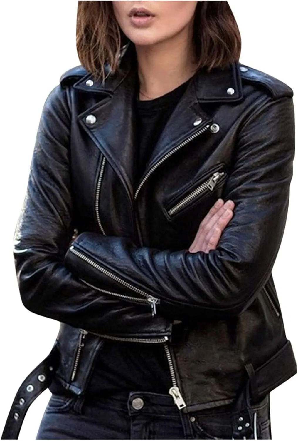 Jacket for Women's Faux Leather Cool Cropped Coat Fashion Fall Long Sleeve Zipper Slim Fitted Short Coat Jacket