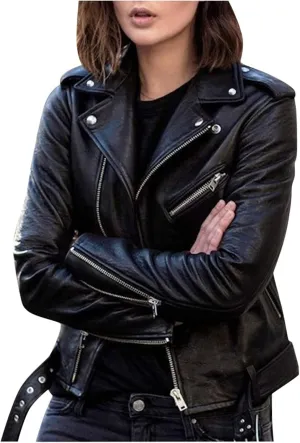 Jacket for Women's Faux Leather Cool Cropped Coat Fashion Fall Long Sleeve Zipper Slim Fitted Short Coat Jacket