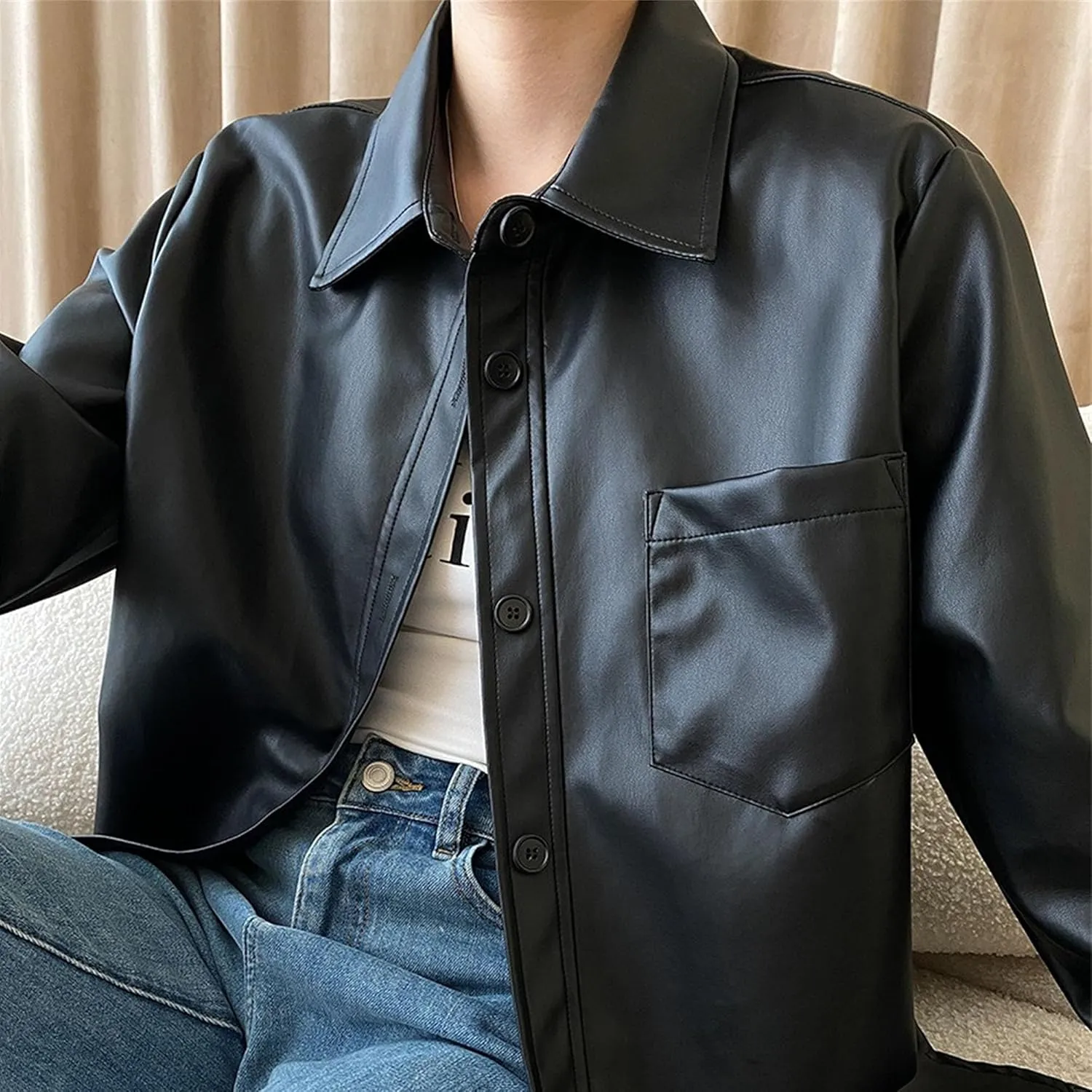 JEKE-DG Women's Button Down Loose Fit Outdoor Coat Classic Faux Leather Coat Jacket Lapel Lonf Sleeve Solid Outerwear