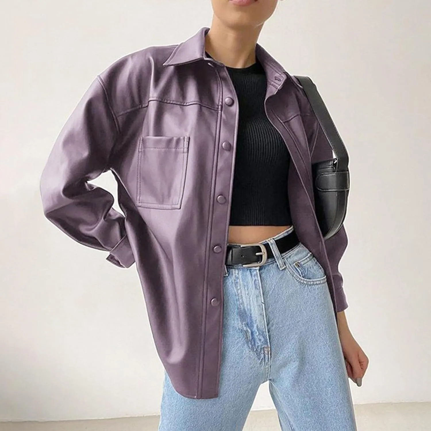JEKE-DG Women's Button Down Loose Fit Outdoor Coat Classic Faux Leather Coat Jacket Lapel Lonf Sleeve Solid Outerwear