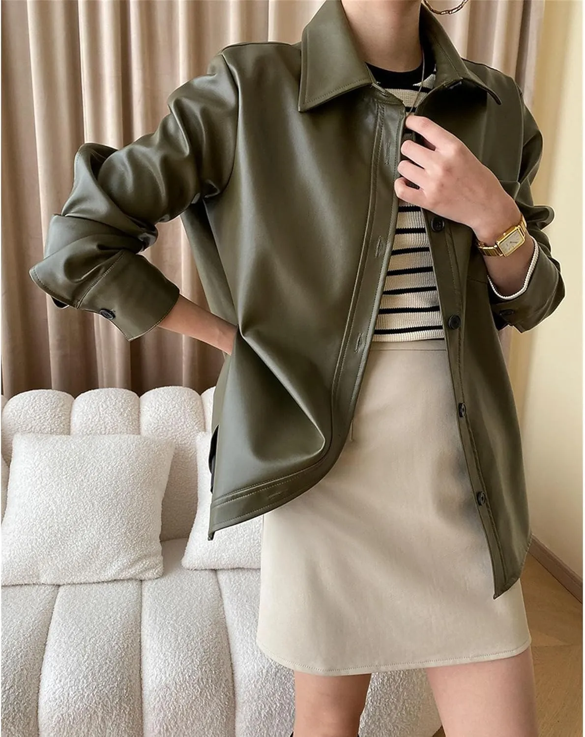 JEKE-DG Women's Button Down Loose Fit Outdoor Coat Classic Faux Leather Coat Jacket Lapel Lonf Sleeve Solid Outerwear