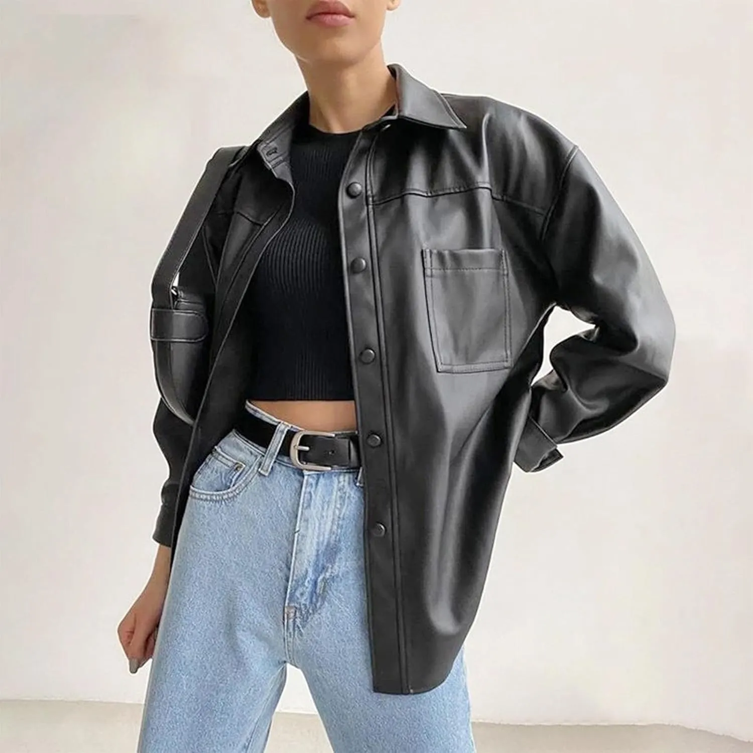 JEKE-DG Women's Button Down Loose Fit Outdoor Coat Classic Faux Leather Coat Jacket Lapel Lonf Sleeve Solid Outerwear