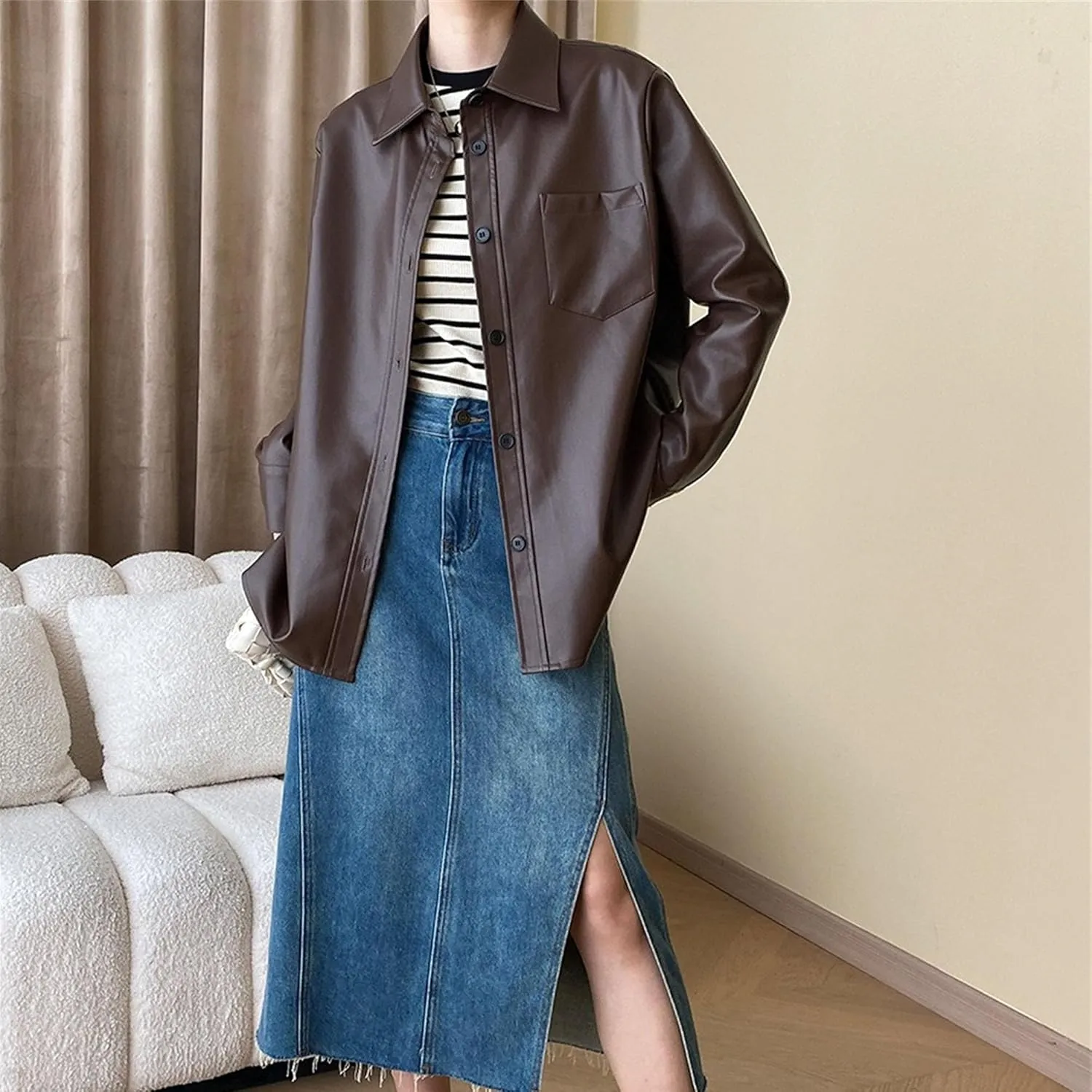 JEKE-DG Women's Button Down Loose Fit Outdoor Coat Classic Faux Leather Coat Jacket Lapel Lonf Sleeve Solid Outerwear