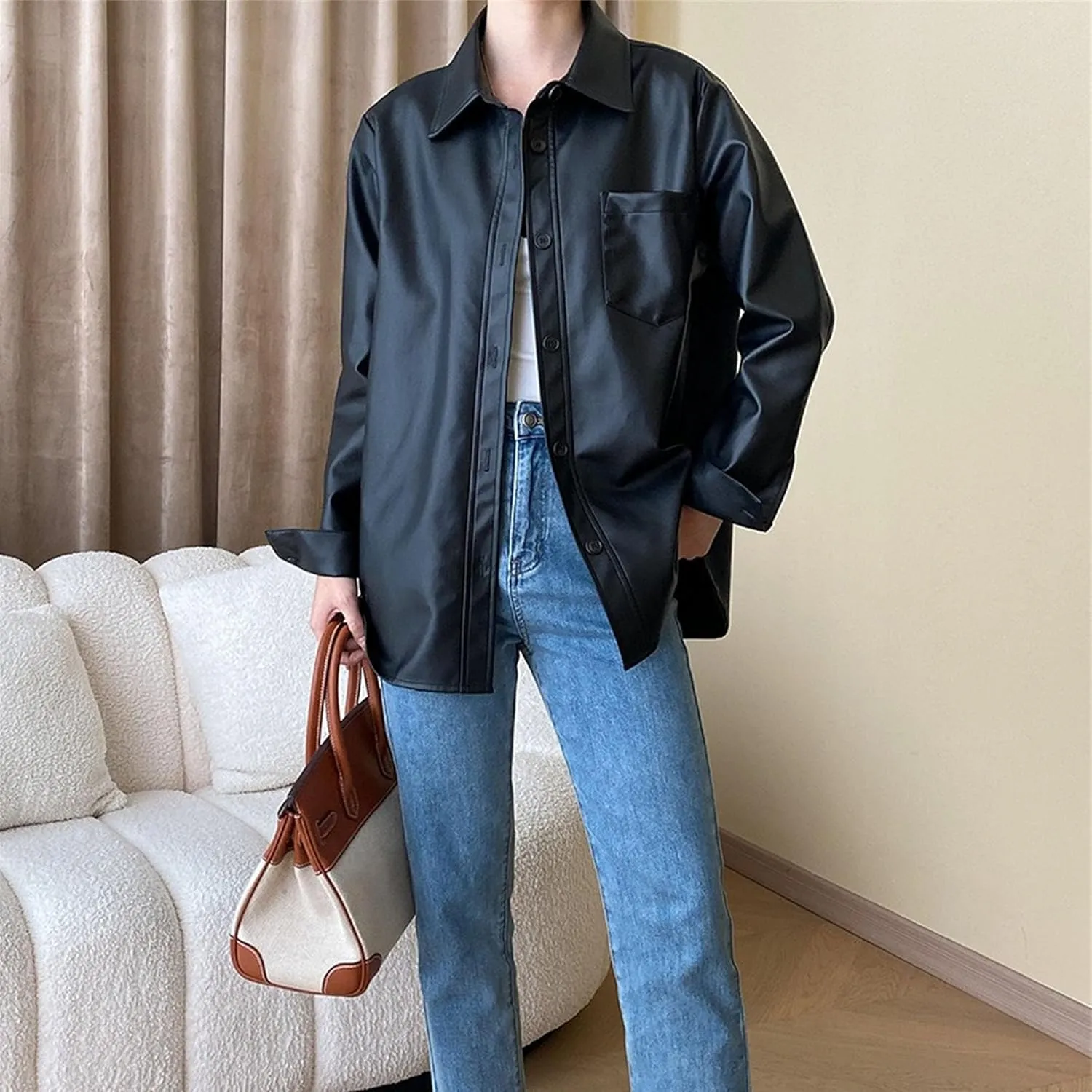 JEKE-DG Women's Button Down Loose Fit Outdoor Coat Classic Faux Leather Coat Jacket Lapel Lonf Sleeve Solid Outerwear