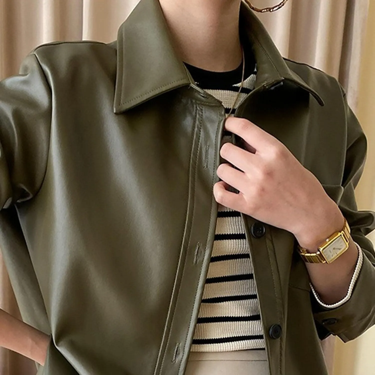 JEKE-DG Women's Button Down Loose Fit Outdoor Coat Classic Faux Leather Coat Jacket Lapel Lonf Sleeve Solid Outerwear