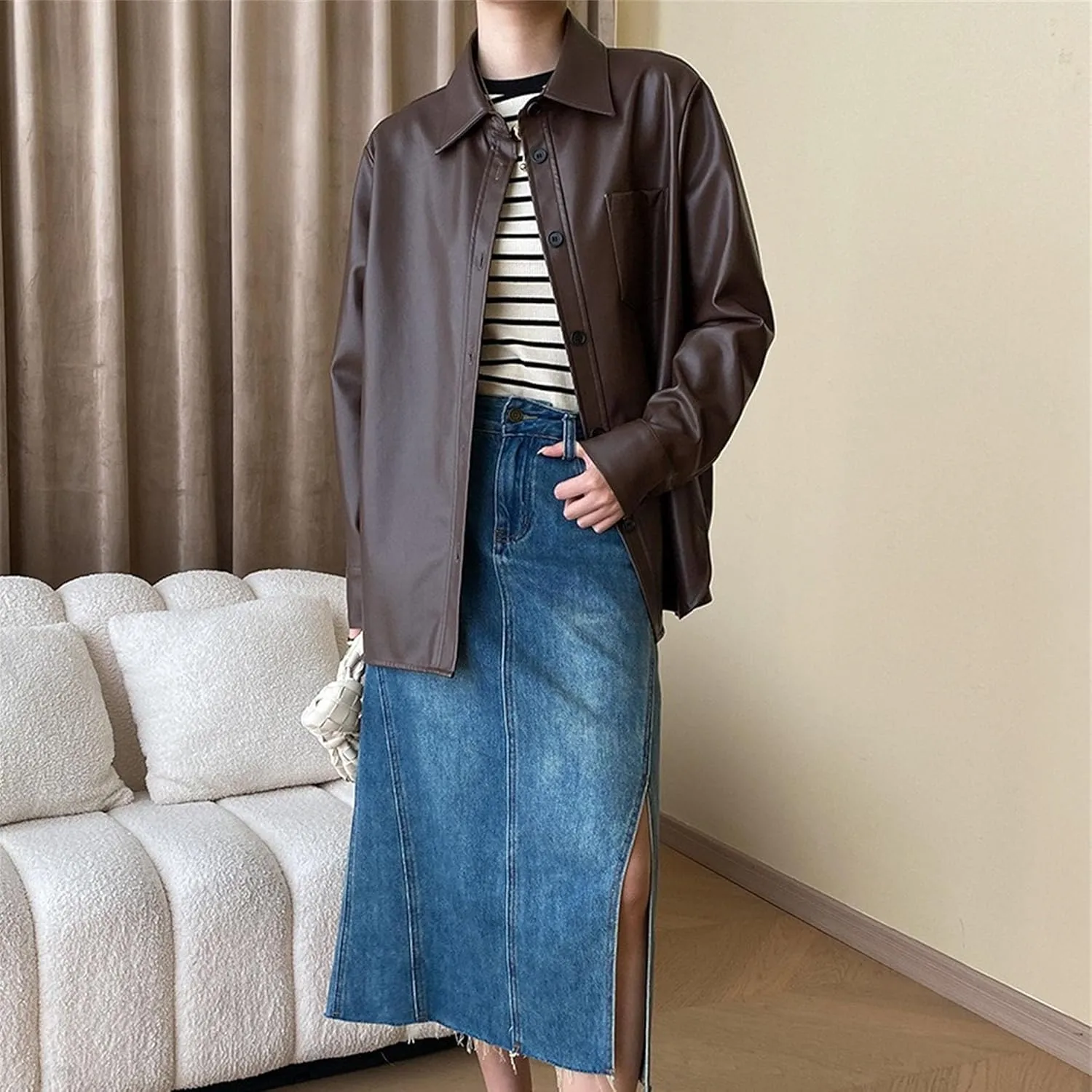 JEKE-DG Women's Button Down Loose Fit Outdoor Coat Classic Faux Leather Coat Jacket Lapel Lonf Sleeve Solid Outerwear