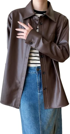 JEKE-DG Women's Button Down Loose Fit Outdoor Coat Classic Faux Leather Coat Jacket Lapel Lonf Sleeve Solid Outerwear