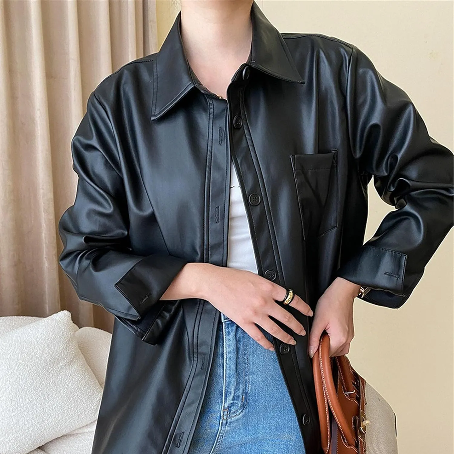 JEKE-DG Women's Button Down Loose Fit Outdoor Coat Classic Faux Leather Coat Jacket Lapel Lonf Sleeve Solid Outerwear